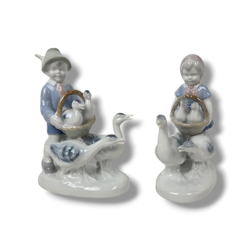 Gerold Porcelain Bavaria Boy Girl Geese Figurine Western Germany Set Blue White